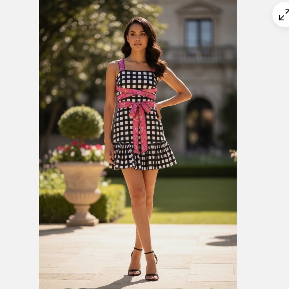 Mo Maya Luna Check with Leopard Print Strap Mini Dress Size S/M nwt